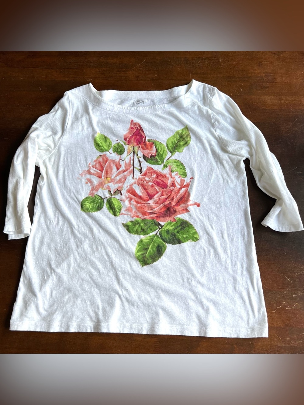 Vintage White Floral Rose 3/4 Sleeve Top - Picture 2 of 10